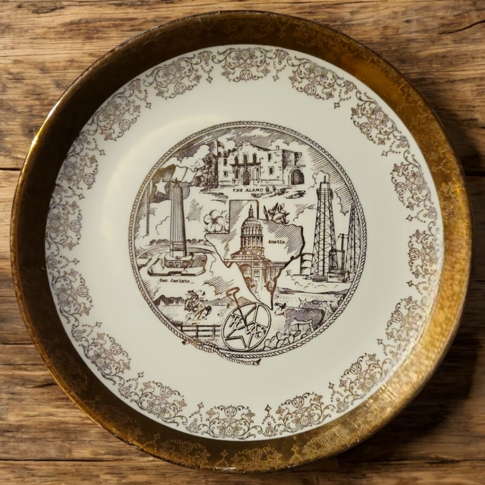 Vtg 50s Sabin Crest O Gold 22 Kt Heavy Gold Texas Wall Decor Austin Alamo Plate